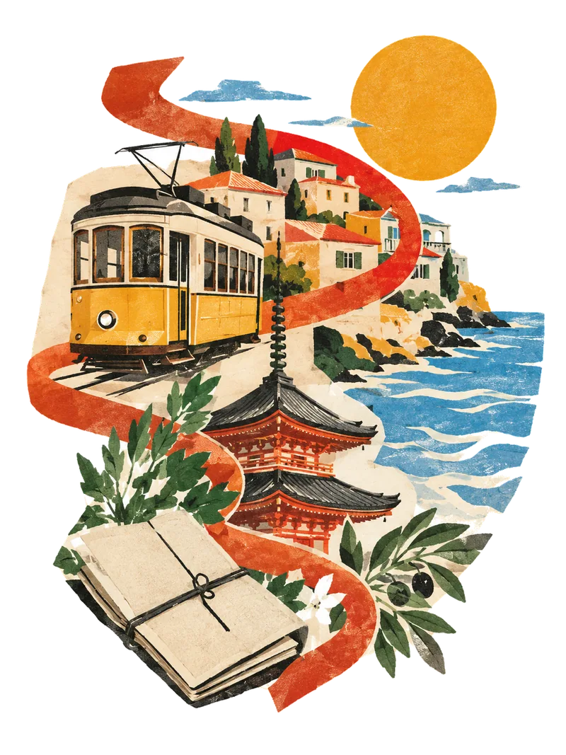 Cut-paper travel illustration combining a tram, coastal houses, a pagoda and a notebook